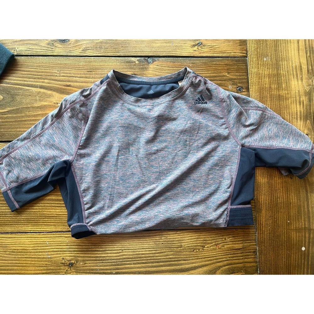 Adidas Womens Purple Space Dye Crop Top Athletic Shirt Navy Blue Panels Medium